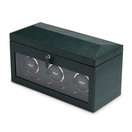 WOLF British Racing Green 3 Piece Watch Winder with Storage Angle image number 1